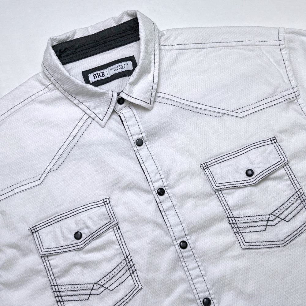 BKE Mens Athletic Fit Contrast Stitch Western Pearl Snap Shirt Size 2XL White